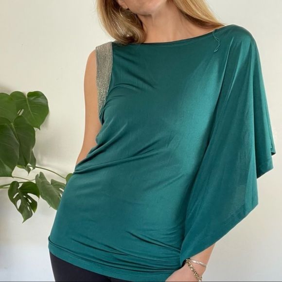Robbi & Nikki 💚 One Sleeve Blouse Silver Beaded Lined - Picture 3 of 12